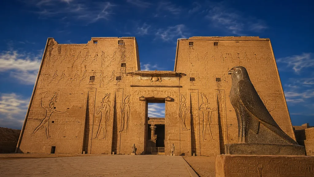 Reconstitution visuelle du temple d’Edfou avec son pylône monumental et la statue du faucon Horus.